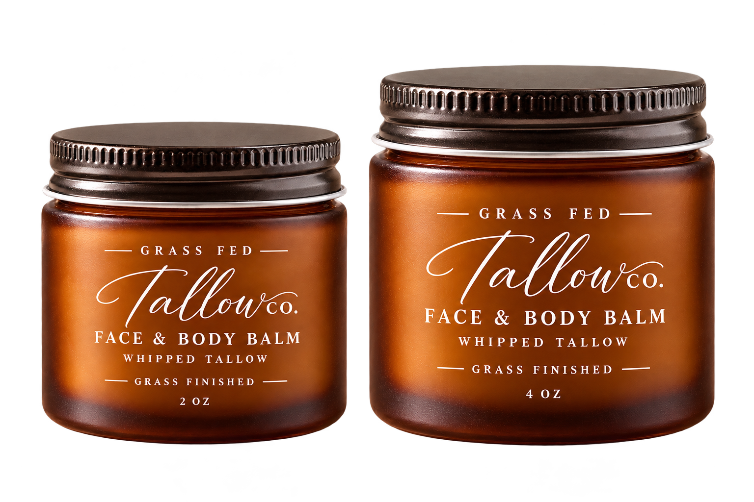 Full opaque amber Grass Fed Tallow Co. jars: 2 oz left and 4 oz right