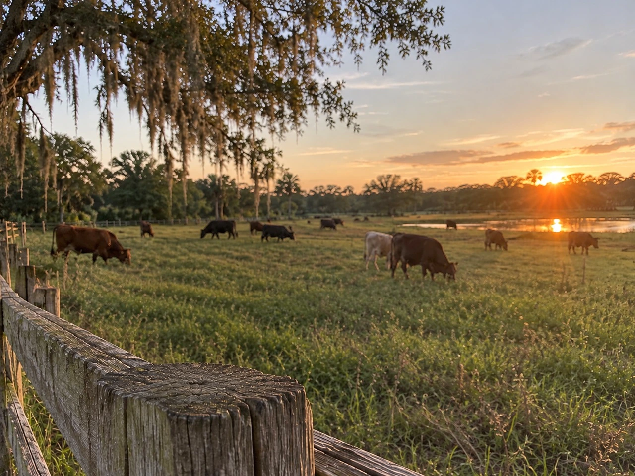 Cattle grazing in a green pasture beneath moss-covered trees at sunset